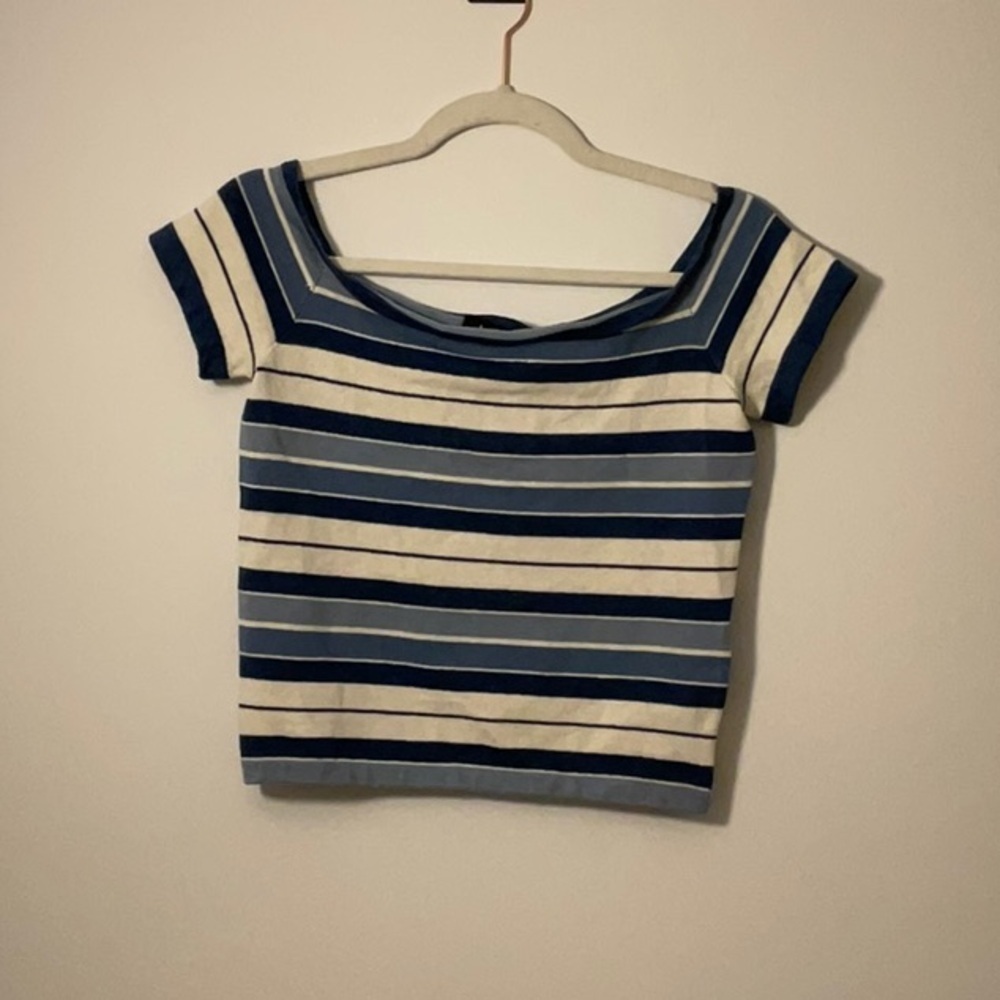 Lauren Ralph Lauren Blue Fitted Ribbed Cap Sleeve Crop Top